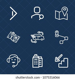 Premium set with outline icons. Such as delivery, website, button, transportation, pin, speed, shipping, headset, estate, marker, center, internet, office, pointer, business, search, service, next, up