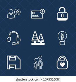 Premium set with outline icons. Such as creative, idea, social, safe, coin, leather, style, headset, protection, profile, personal, environment, forest, technology, currency, development, computer