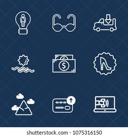 Premium set with outline icons. Such as internet, sunglasses, online, frame, style, creative, glasses, bulb, delivery, white, money, lorry, transportation, truck, trailer, elegance, platform, shipping