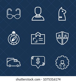 Premium set with outline icons. Such as horse, sunglasses, account, protect, profile, square, security, shield, frame, vision, strategy, mobile, south, fashion, identity, transport, north, personal