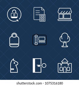 Premium set with outline icons. Such as architecture, stationary, curtain, unlock, tower, strategy, finance, medieval, bag, style, shop, open, chessboard, fashion, business, horse, environment, castle