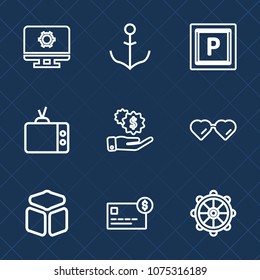 Premium set with outline icons. Such as money, tv, computer, sun, boat, square, nautical, dollar, street, video, wheel, screen, display, ship, urban, card, setting, home, travel, sunglasses, bank, car