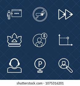Premium set with outline icons. Such as road, sign, player, vehicle, website, addiction, rewind, money, stop, audio, media, service, finance, no, royal, financial, tobacco, car, online, music, warning