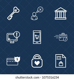 Premium set with outline icons. Such as business, object, late, bag, cancel, europe, office, sitting, safe, greek, leather, network, money, style, key, sign, internet, web, notebook, cash, desktop