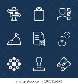 Premium set with outline icons. Such as nature, celebration, rudder, room, envelope, watch, ship, spy, entrance, gift, bag, financial, glasses, landscape, vision, sign, search, doorknob, surprise, sky