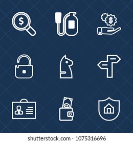 Premium set with outline icons. Such as financial, person, unlock, profile, danger, find, alarm, way, property, wallet, safety, protection, currency, protect, female, security, equipment, horse, woman