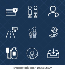 Premium set with outline icons. Such as currency, personal, female, quality, cargo, sign, happy, success, package, refresh, girl, emergency, cash, fire, person, download, wealth, delivery, young, boy