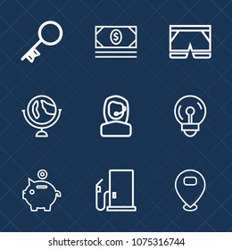 Premium set with outline icons. Such as headset, business, global, planet, currency, map, wear, security, door, petrol, world, banking, globe, short, light, unlock, office, bank, wealth, cash, energy