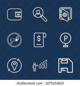 Premium set with outline icons. Such as success, search, wallet, car, finance, personal, road, steel, growth, purse, technology, tobacco, diskette, computer, web, website, addiction, security, no, lot
