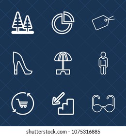 Premium Set With Outline Icons. Such As Trunk, Graph, Glasses, Nature, Landscape, Retail, Business, Sun, Shop, Sign, Umbrella, Down, Graphic, Male, Chart, Sunglasses, Boy, Wood, Presentation, Up, Tag