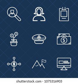 Premium set with outline icons. Such as account, internet, captain, pretty, nature, business, badge, element, tag, cash, beautiful, lady, green, sign, technology, investment, sailor, finance, computer