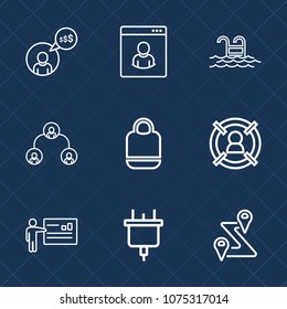 Premium set with outline icons. Such as profile, laptop, water, leather, leisure, social, businessman, route, customer, road, plug, meeting, target, freelance, blue, freelancer, vacation, pool, man