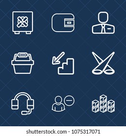 Premium set with outline icons. Such as background, user, cash, account, headset, backdrop, finance, microphone, purse, sign, safe, industrial, support, security, delete, up, store, bank, upstairs