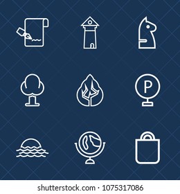 Premium set with outline icons. Such as sign, architecture, europe, document, chessboard, business, environment, gift, travel, forest, map, sun, france, lot, city, success, landscape, globe, game, car