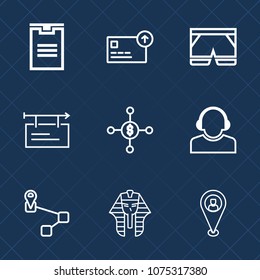 Premium set with outline icons. Such as map, navigation, transportation, service, package, sign, pin, delivery, coin, fashion, billboard, point, investment, egypt, team, box, cash, shorts, sport, wear