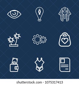 Premium set with outline icons. Such as palm, body, leather, ear, eye, tropical, travel, personal, art, web, mouth, human, egypt, hand, egyptian, history, location, identity, summer, pharaoh, wallet