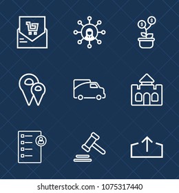 Premium set with outline icons. Such as download, architecture, checklist, justice, medieval, transportation, transport, list, courthouse, castle, road, web, van, business, shop, lawyer, check, white