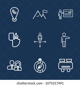 Premium set with outline icons. Such as hand, male, pointing, road, worker, spy, lighter, rock, north, travel, place, phone, conference, showing, white, search, compass, direction, fire, business, web
