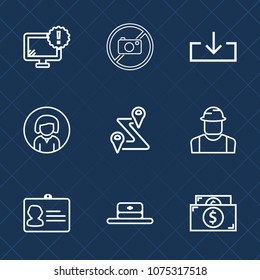 Premium set with outline icons. Such as monitor, head, screen, button, finance, internet, woman, young, photo, id, name, lady, currency, construction, cap, money, road, no, cash, location, display, pc