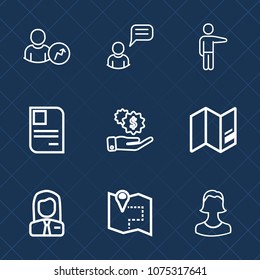 Premium set with outline icons. Such as map, web, name, social, chat, female, identification, communication, person, id, business, people, world, finger, pin, travel, human, report, location, job