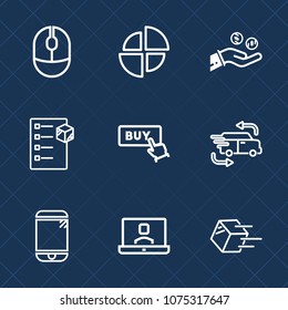 Premium set with outline icons. Such as mobile, mouse, cell, call, transportation, currency, optical, hand, shipment, graph, buy, internet, fast, technology, device, checklist, sign, business, diagram