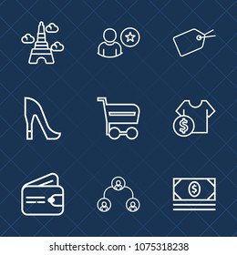 Premium set with outline icons. Such as finance, high, paris, purse, style, female, trolley, france, shoe, shop, french, famous, travel, buy, coin, online, cart, web, tower, price, eiffel, business