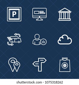 Premium set with outline icons. Such as way, road, blue, travel, location, fashion, gift, summer, street, vehicle, urban, arrow, social, transport, direction, computer, business, zone, sky, sea, pin