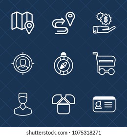Premium set with outline icons. Such as map, identification, trolley, hand, south, avatar, compass, money, white, investment, tshirt, human, target, travel, marketing, identity, customer, shirt, route