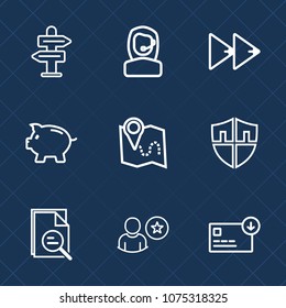 Premium set with outline icons. Such as button, customer, people, sign, business, travel, sack, call, protection, arrow, road, player, rewind, money, profile, online, street, shield, bag, protect, way