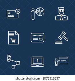 Premium set with outline icons. Such as business, card, balance, go, money, cash, profile, technology, account, businesswoman, screen, currency, finance, bag, businessman, notebook, map, legal, law