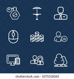 Premium set with outline icons. Such as staff, tree, bar, employee, beauty, environment, distribution, coffee, technology, online, pump, credit, bottle, table, team, warehouse, perfume, nature, device
