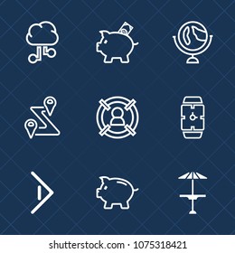 Premium set with outline icons. Such as right, investment, arrow, hand, world, location, concept, piggy, planet, travel, bank, communication, minute, coin, connection, sphere, road, map, time, cafe