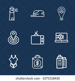 Premium set with outline icons. Such as sky, communication, navigation, water, pin, summer, object, tag, ocean, bikini, beacon, television, building, internet, lighthouse, head, call, bag, hat, cap