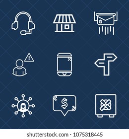 Premium set with outline icons. Such as phone, frame, equipment, square, property, bank, arrow, alarm, microphone, way, post, cell, safe, security, new, online, direction, mobile, business, profile