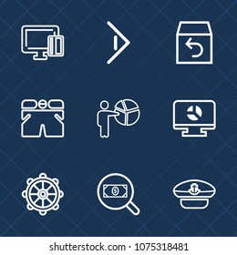 Premium set with outline icons. Such as buy, payment, rudder, meeting, navy, captain, presentation, delivery, shopping, shipping, concept, shorts, button, infographic, helm, businessman, money, wear