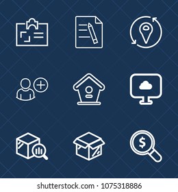 Premium set with outline icons. Such as name, house, file, map, summer, concept, document, package, id, cloud, home, travel, person, personal, web, network, bird, search, cardboard, refreshment, box