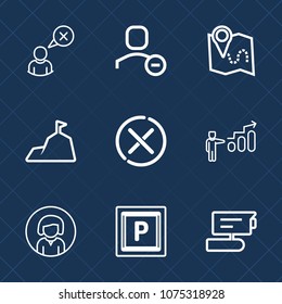Premium set with outline icons. Such as girl, profile, location, internet, landscape, mountain, connection, lady, camera, gps, face, growth, tv, sign, view, pictogram, stop, online, cancel, user, web