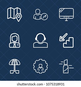 Premium set with outline icons. Such as pc, chart, fashion, people, pin, job, center, laptop, navigation, makeup, diagram, sign, upstairs, man, online, location, support, graph, summer, beauty, team