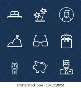 Premium set with outline icons. Such as business, nature, clock, ben, professional, landscape, person, eye, internet, style, natural, bank, coin, money, summer, male, eyeglasses, hat, finance, leaf