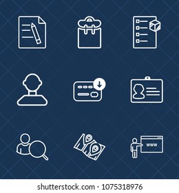 Premium set with outline icons. Such as delivery, travel, document, id, mobile, sign, account, computer, people, shipping, online, road, pass, internet, phone, bag, name, box, one, passport, identity