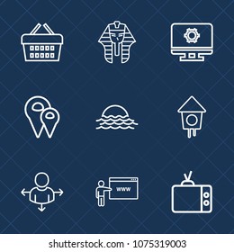 Premium set with outline icons. Such as shop, sale, screen, map, travel, culture, television, go, video, egyptian, bird, direction, road, nature, retail, location, pharaoh, wooden, place, tv, internet
