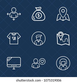 Premium set with outline icons. Such as pin, investment, web, online, arrow, young, travel, banking, cash, pc, lady, shirt, navigation, print, currency, face, fashion, boy, male, internet, laptop, man