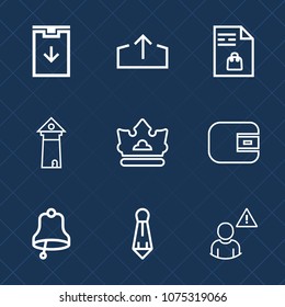 Premium set with outline icons. Such as store, crown, upload, king, paper, queen, tie, alarm, profile, wallet, cash, button, food, bell, paris, royal, grocery, finance, male, website, download, money
