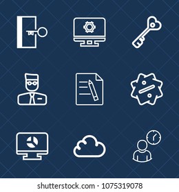 Premium set with outline icons. Such as clock, account, page, security, exit, computer, key, offer, infographic, emergency, chart, sale, office, arrow, profile, safe, graph, work, tag, escape, door