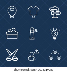 Premium set with outline icons. Such as business, speaker, ocean, company, doorknob, network, door, pin, hierarchy, marker, spotlight, cute, map, people, conference, profile, concept, location, dont