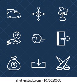 Premium set with outline icons. Such as cargo, transport, truck, tree, light, sign, scene, natural, investment, nature, banking, wealth, plant, delivery, download, financial, door, shipment, cash, car