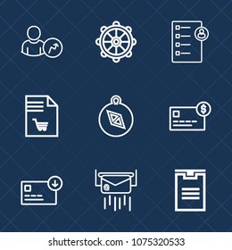 Premium set with outline icons. Such as human, bag, envelope, business, job, shopping, nautical, sea, direction, web, graph, supermarket, money, north, boat, list, travel, bank, wheel, credit, letter