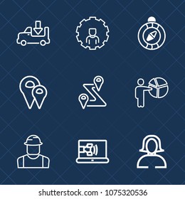 Premium set with outline icons. Such as face, west, shipping, location, business, engineer, person, navigation, compass, people, travel, route, construction, woman, road, east, communication, delivery