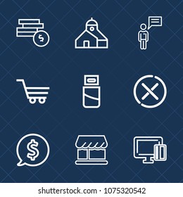 Premium set with outline icons. Such as label, building, credit, cancel, cable, no, payment, business, computer, finance, tag, people, curtain, bank, person, chat, circle, construction, price, sign