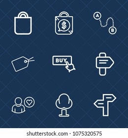 Premium set with outline icons. Such as arrow, choice, shop, tag, label, discount, place, sign, buy, tree, market, nature, way, road, destination, celebration, map, location, people, holiday, sale